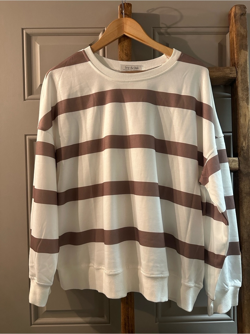 White Crewneck Sweater with Brown Stripes and sweat pants